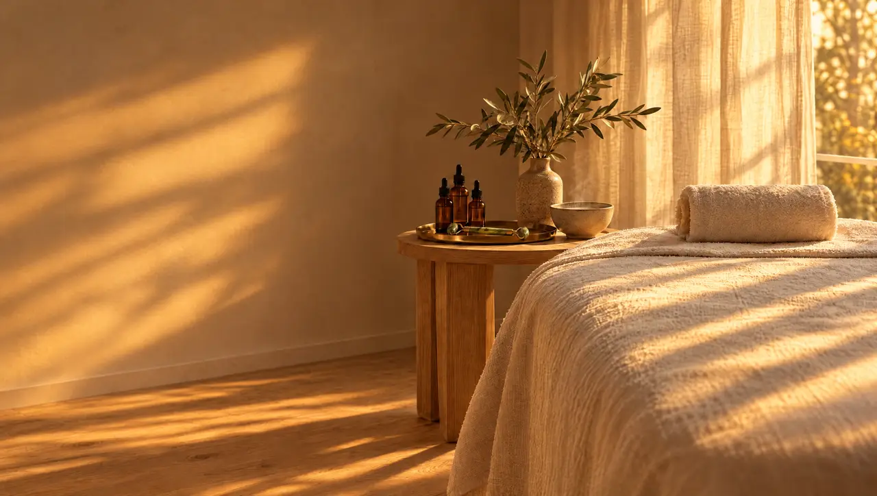 Cabina con luz dorada de la tarde: cama con sábanas de lino y frascos de vidrio ámbar