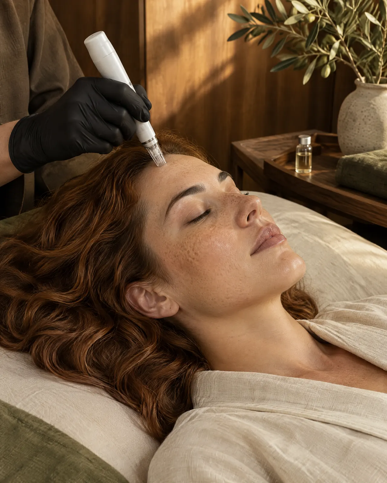 Dermapen sobre una charola de cabina junto a frascos de activos
