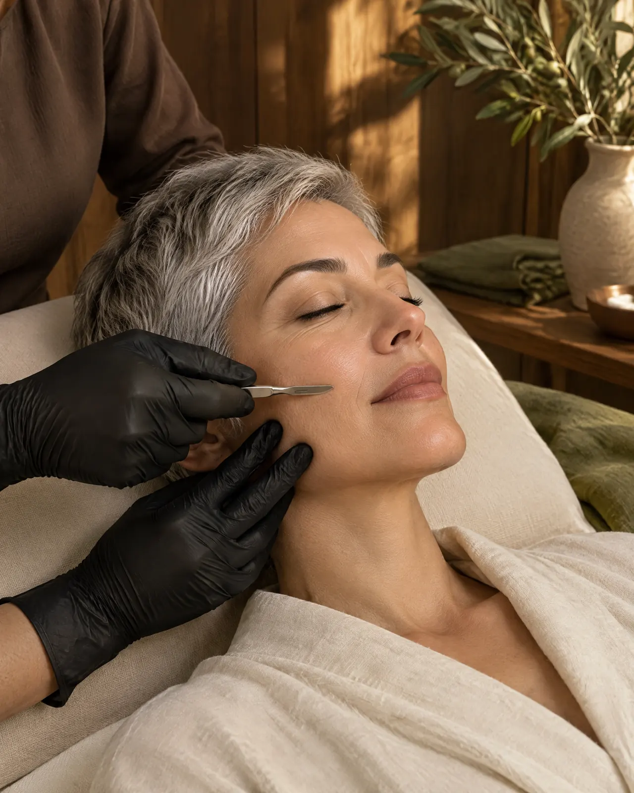 Mango de dermaplaning sobre lino junto a una toalla doblada